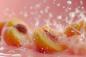 A close up of a peach with a splash of water surrounding it photo