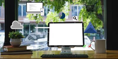 Mockup image of a black tablet with white blank screen on wooden desk. photo