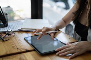 User experience concept. Creative Web Designer sketching application and developing template layout on laptop, framework for digital devices. photo