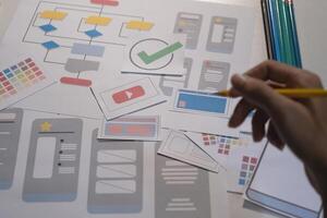 Designers drawing mobile ux app development concept. Man hold pencil with mockup ui. photo