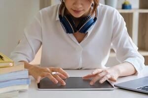 User experience concept. Creative Web Designer sketching application and developing template layout on laptop, framework for digital devices. photo