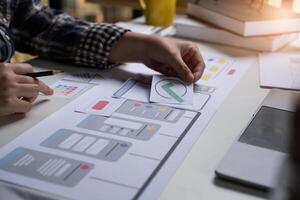 A close-up of an ux ui developer and an ui designer working on a mockup icon interface for a mobile app. photo