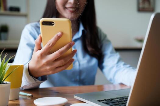 A businesswoman completes KYC using an online banking program in order to open a digital savings account. The definition of cyber security. photo