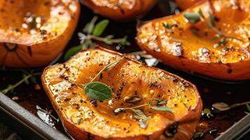 Roasted butternut squash halves. Close-up culinary photography photo