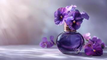 elegante púrpura fragancia botella con viola flores foto