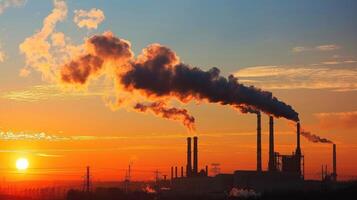 imagen de un fábrica con de fumar chimeneas en contra un puesta de sol cielo, representando industrial contaminación y ambiental cuestiones foto
