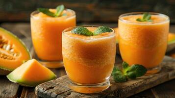 Refreshing Cantaloupe and Honeydew Melon Juice Smoothie in a Glass on Wooden Table photo