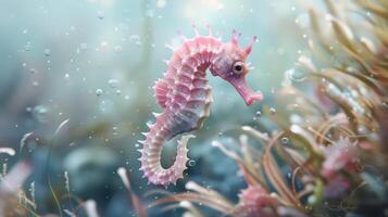 small pink seahorse in on a background of corals and algae photo