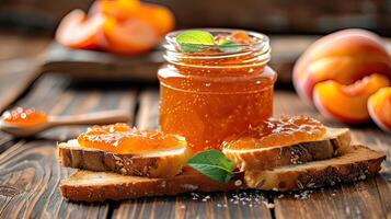 Apricot jam in jar and toast on wooden background photo