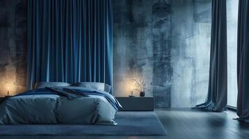 un dormitorio con pared en áspero ligero gris hormigón con cortina, todas luces en sombras de azul foto