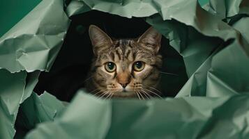 gato en agujero de verde papel, pequeño atigrado gato consiguiendo fuera mediante el arte fondo, gracioso mascota. foto