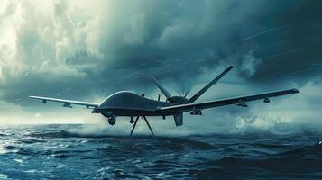 A military combat UAV with missile flies over a ocean. photo