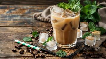 Coffee iced cocktail drink with frozen ice cubes, milk and mint leaves. Wooden background photo