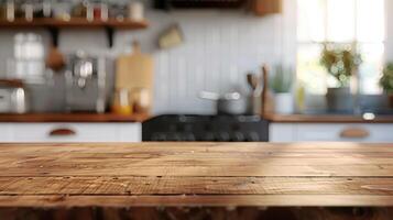 Wooden tabletop against blurred kitchen background for product mockups and display montages. photo