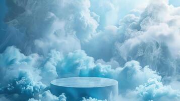 Blue background with a product podium surrounded by blue clouds. Smoke, fog, steam background photo