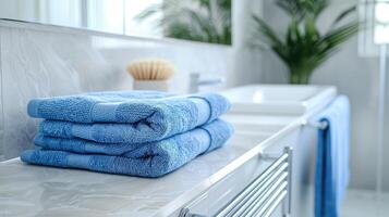 de cerca de calentado carril con azul toallas en baño con Copiar espacio. moderno calentado toalla carril en pared en un sereno baño ajuste. foto