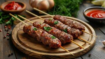 Shish kebab on a stick, made from minced beef photo