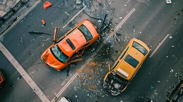 top view of a dangerous car crash incident on the road, top view collision. photo