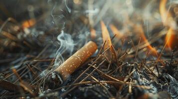 Close up cigarette butt non-smoked carelessly are thrown into dry grass on the ground causing a dangerous forest fire photo