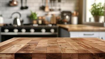 Wooden tabletop against blurred kitchen background for product mockups and display montages. photo