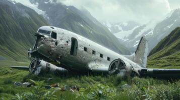 Plane Crash, passenger jet, crash site in mountains. On the top of a mountain. A tragedy. photo