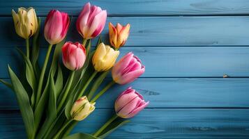 Bouquet of tulips on blue wooden table photo