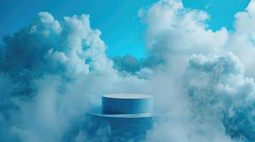 azul antecedentes con un producto podio rodeado por azul nubes fumar, niebla, vapor antecedentes foto