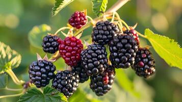 A bunch of ripe blackberry fruits on a branch with green leaves. close-up photo