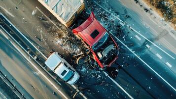 High angle view of dangerous car accident on road, truck, top view of collision. photo