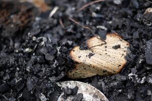 A burnt book on a pile of ashes, the remains of pages in a burnt house. photo