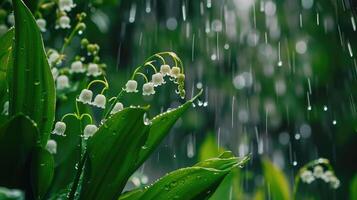 Beautiful White flowers Lily of The Valley in rainy garden in green leaves. photo