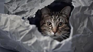 gato en agujero de gris papel, pequeño atigrado gato consiguiendo fuera mediante el arte fondo, gracioso mascota. foto