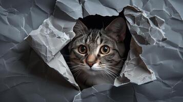 Cat in hole of gray paper, little tabby cat getting out through the craft background, funny pet. photo