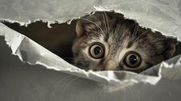 Cat in hole of gray paper, little tabby cat getting out through the craft background, funny pet. photo