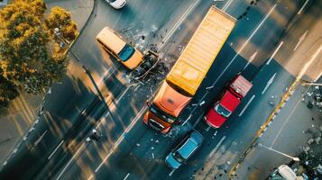 High angle view of dangerous car accident on road, truck, top view of collision. photo