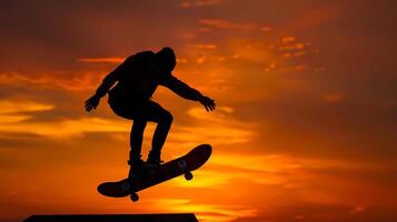 Silhouette of a skilled guy on balance board on sunset photo