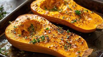 Roasted butternut squash halves. Close-up culinary photography photo