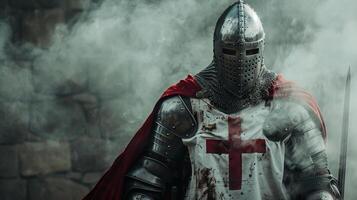 Portrait of Medieval crusader Warrior with armour and red cross. Cloud smoke on Background photo