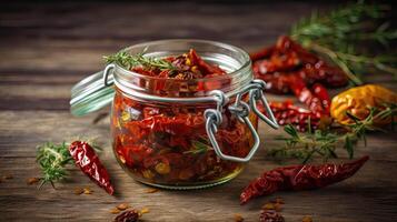 Sun dried tomatoes with fresh herbs and spices photo