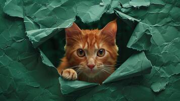 pensive ginger Cat in hole of green paper, little tabby cat getting out through the craft background, funny pet. photo