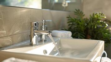 bathroom sink with chrome faucet and steam rising photo
