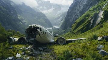 Plane Crash, passenger jet, crash site in mountains. On the top of a mountain. A tragedy. photo