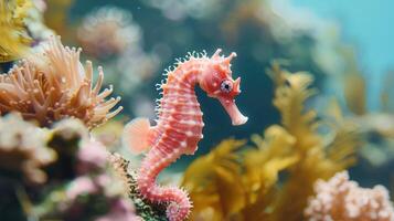 pequeño rosado caballo de mar en en un antecedentes de corales y algas foto