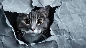gato en agujero de gris papel, pequeño atigrado gato consiguiendo fuera mediante el arte fondo, gracioso mascota. foto