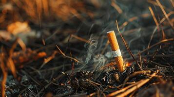 Close up cigarette butt non-smoked carelessly are thrown into dry grass on the ground causing a dangerous forest fire photo