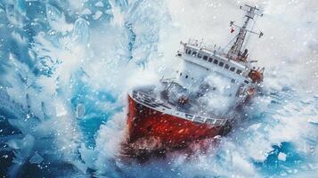 close-up of an icebreaker breaking through the ice of a frozen sea photo