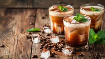 Coffee iced cocktail drink with frozen ice cubes, milk and mint leaves. Wooden background photo