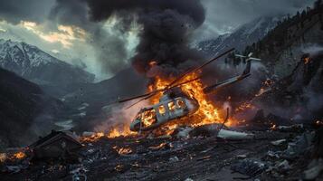 a burning helicopter that crashed in a valley. photo