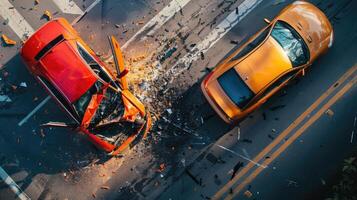 alto ángulo ver de un peligroso coche choque incidente en el camino, parte superior ver colisión. foto