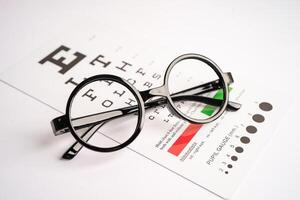 Glasses on eye testing exam chart to check eyesight accuracy of reading. photo